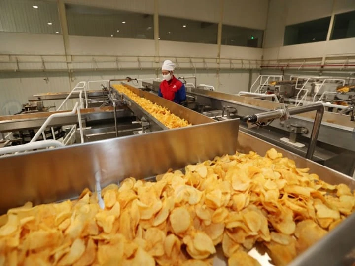 A máquina produz batatas fritas com alta eficiência e alto rendimento.